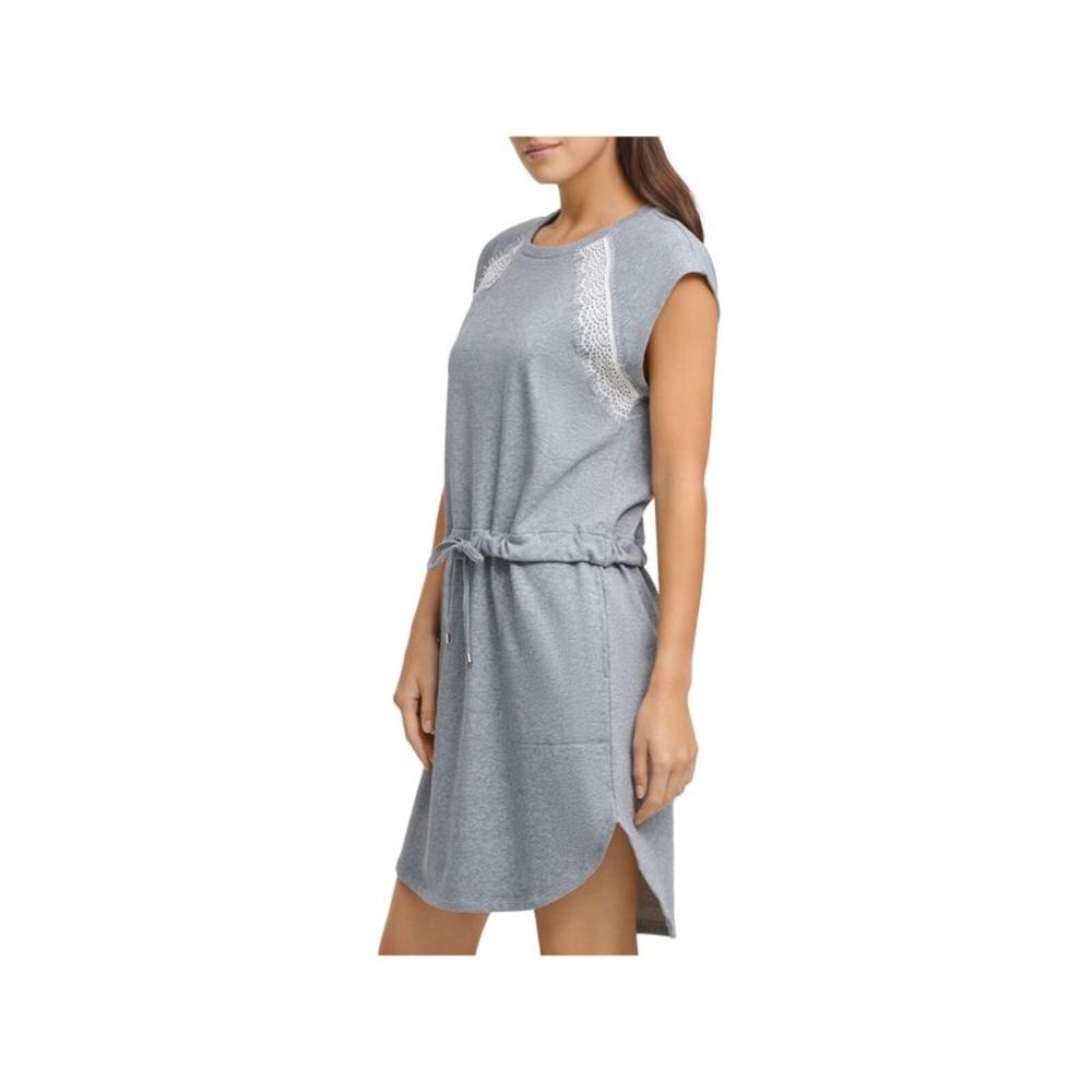 DKNY Womens Gray Lace Drawstring-waist Cap Sleeve Crew Neck Short Shift Dress XS - Picture 3 of 3
